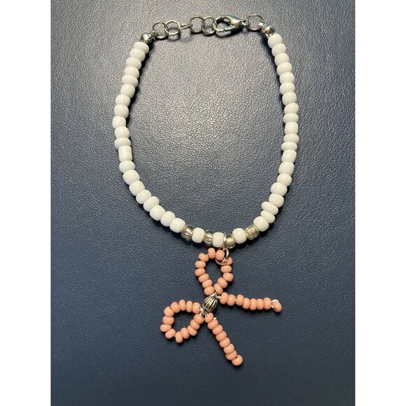 White, Silver, Pink Beaded Bow and Beaded Adjustable Friendship Bracelet Set - Picture 3 of 4